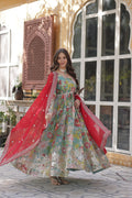 Jyoti Fashion Women's Sky Blue Russian Silk Foil Print with Sequence Embroidered Anarkali Set With Dupatta