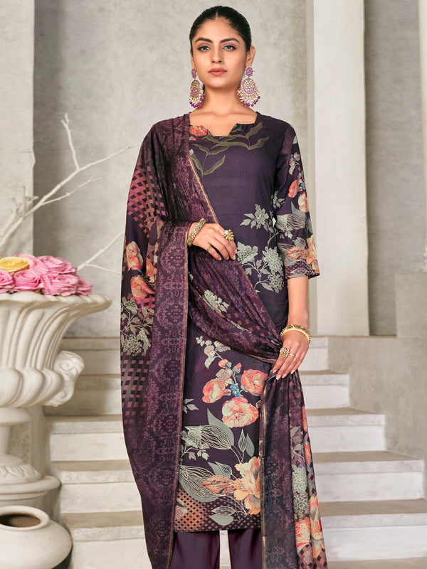 Jyoti Fashion Women's Violet Pashmina Floral Digital Printed Kurta with Trouser & Dupatta