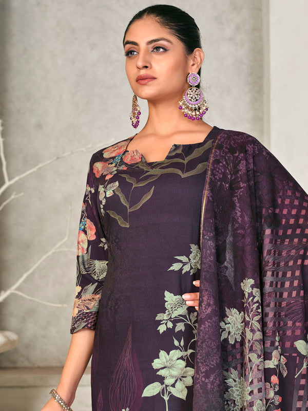 Jyoti Fashion Women's Violet Pashmina Floral Digital Printed Kurta with Trouser & Dupatta