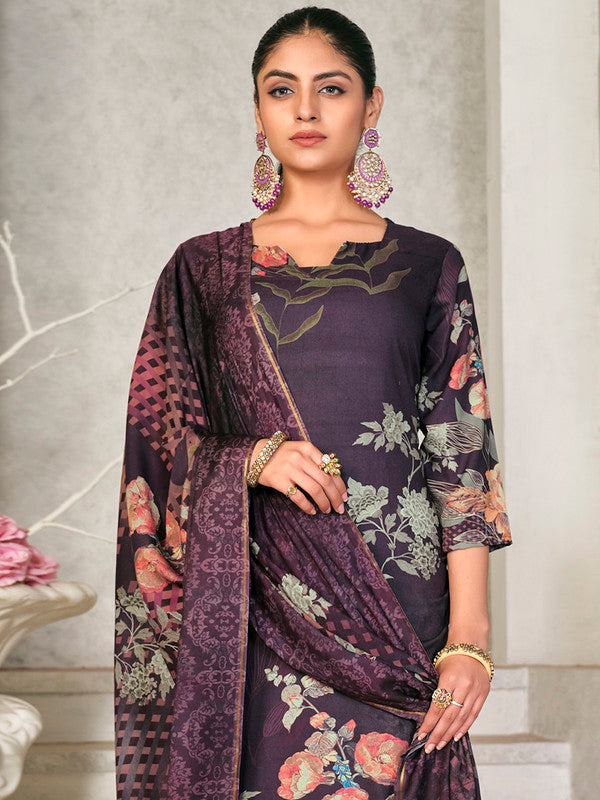 Jyoti Fashion Women's Violet Pashmina Floral Digital Printed Kurta with Trouser & Dupatta