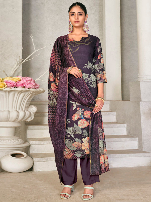 Jyoti Fashion Women's Violet Pashmina Floral Digital Printed Kurta with Trouser & Dupatta