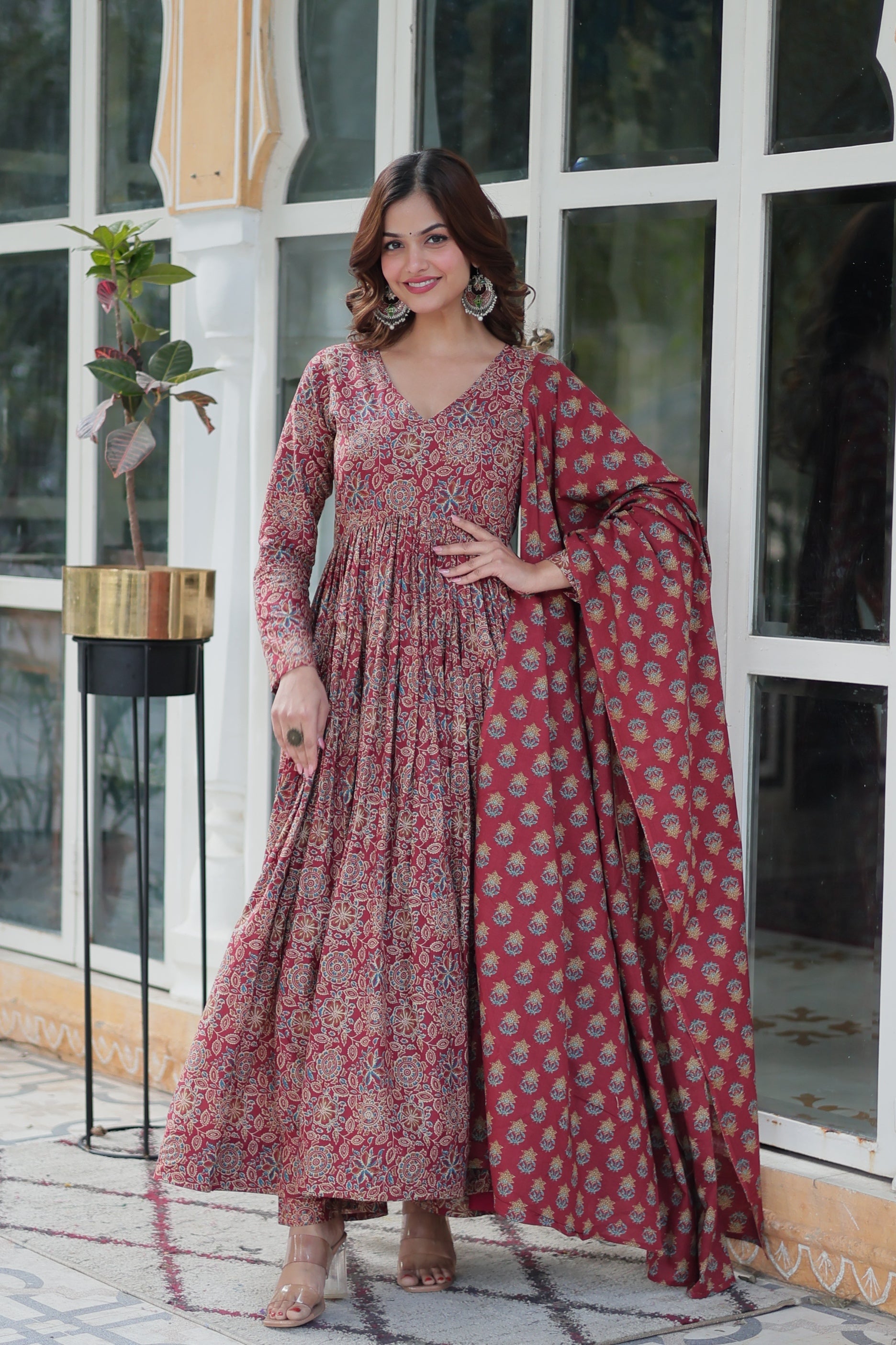 Jyoti Fashion Women's Maroon Cotton Floral Printed Designer Kurta Set