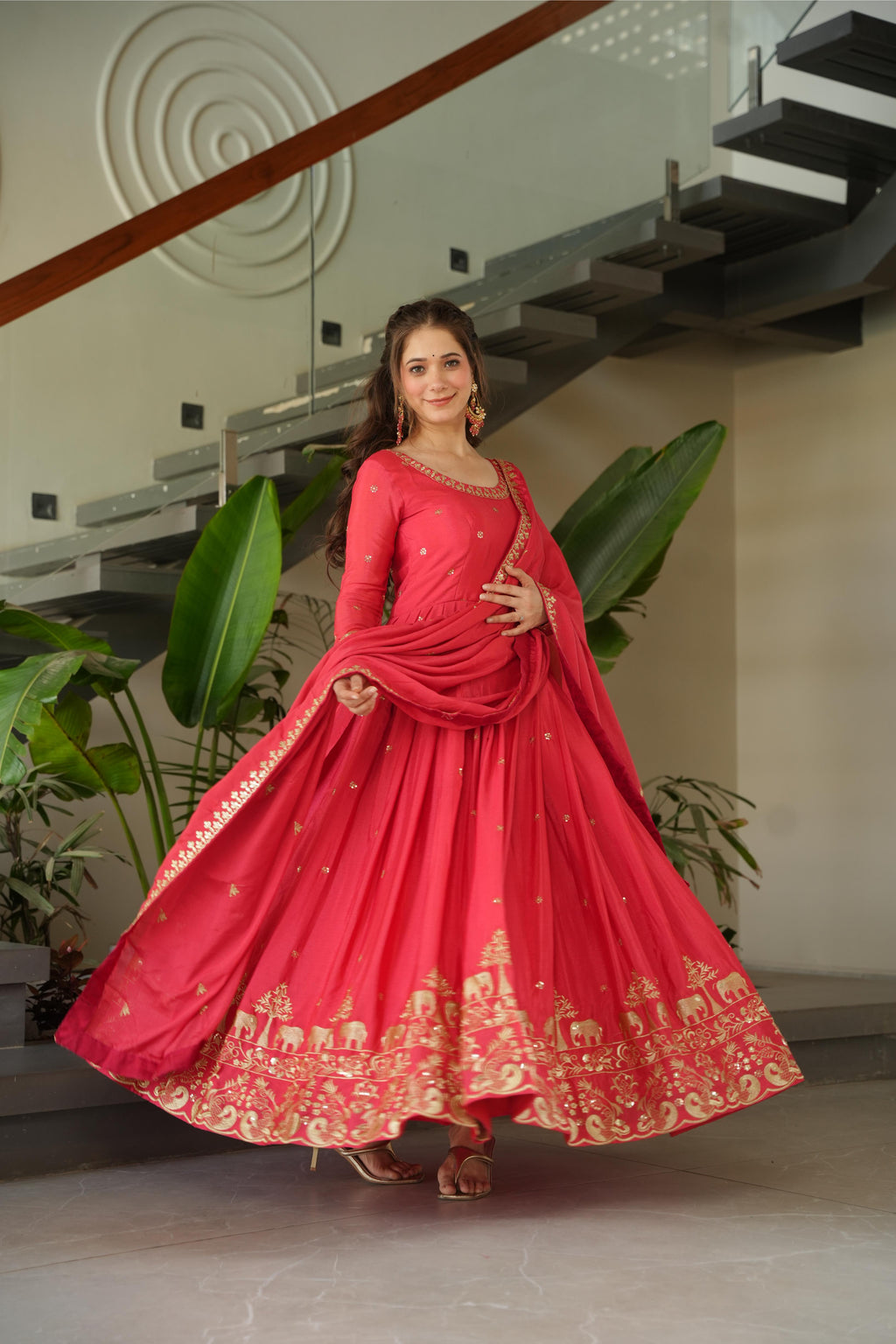 Jyoti Fashion Women's Pink Chinon Sequins Zari Embroidered Anarkali Set With Dupatta