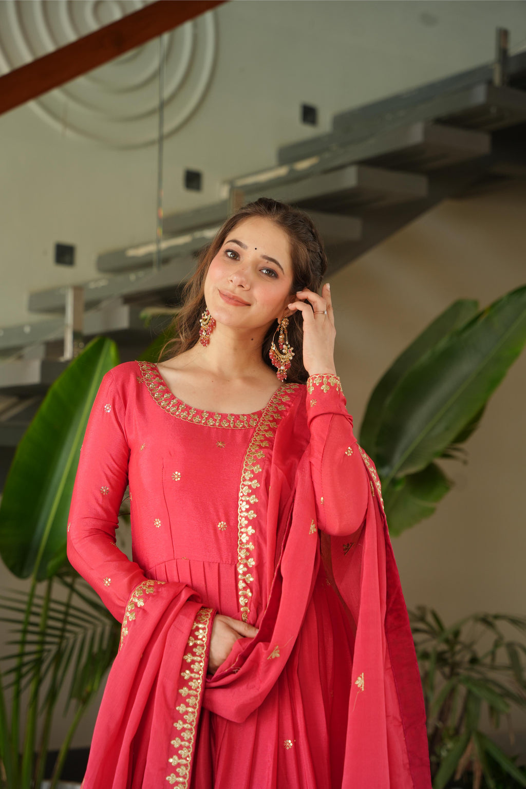 Jyoti Fashion Women's Pink Chinon Sequins Zari Embroidered Anarkali Set With Dupatta