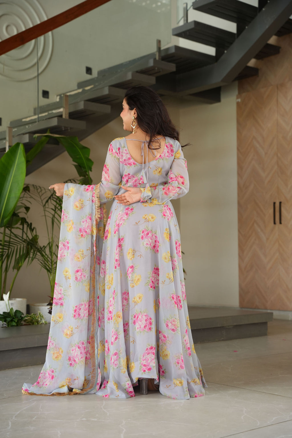 Jyoti Fashion Women's Grey Faux Georgette Floral Digital Printed Anarkali Set With Dupatta