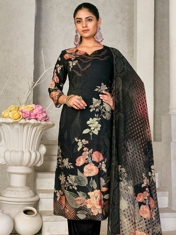 Jyoti Fashion Women's Black Pashmina Floral Digital Printed Kurta with Trouser & Dupatta