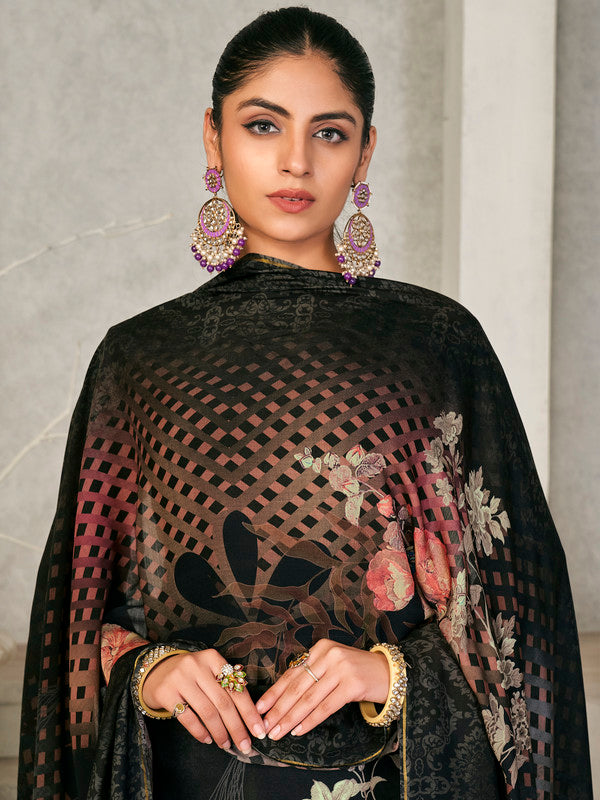 Jyoti Fashion Women's Black Pashmina Floral Digital Printed Kurta with Trouser & Dupatta