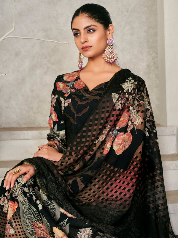 Jyoti Fashion Women's Black Pashmina Floral Digital Printed Kurta with Trouser & Dupatta