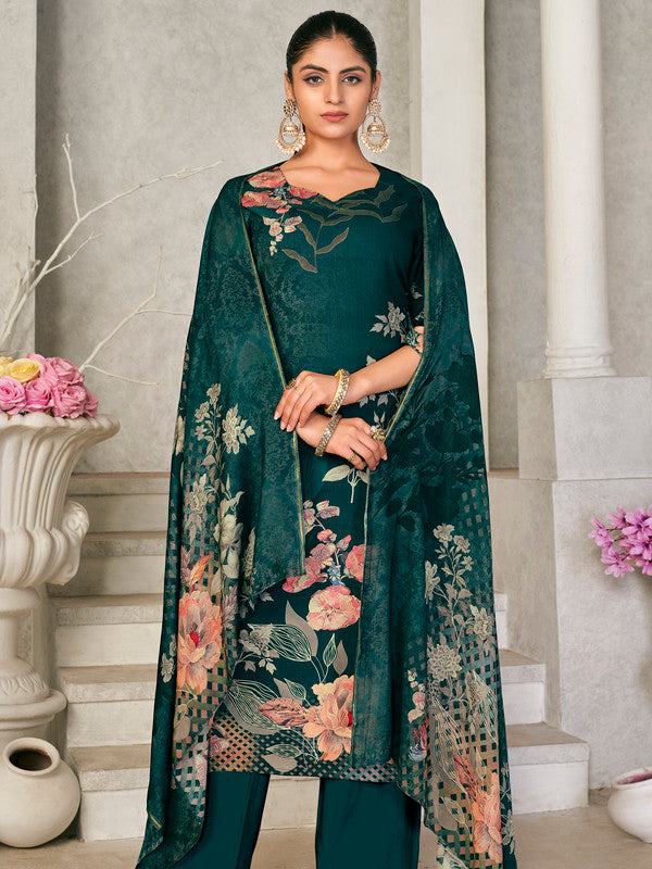 Jyoti Fashion Women's Green Pashmina Floral Digital Printed Kurta with Trouser & Dupatta