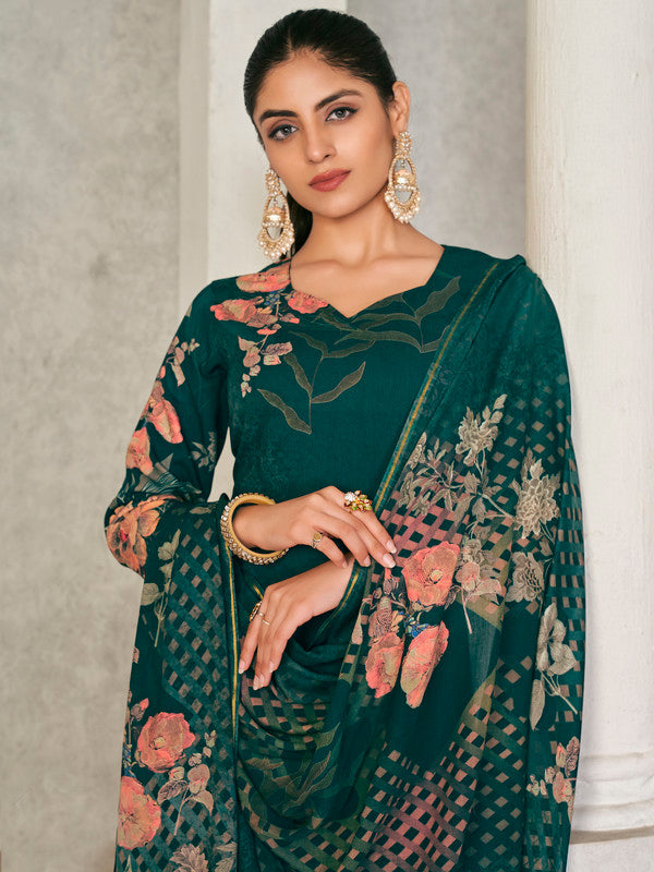 Jyoti Fashion Women's Green Pashmina Floral Digital Printed Kurta with Trouser & Dupatta