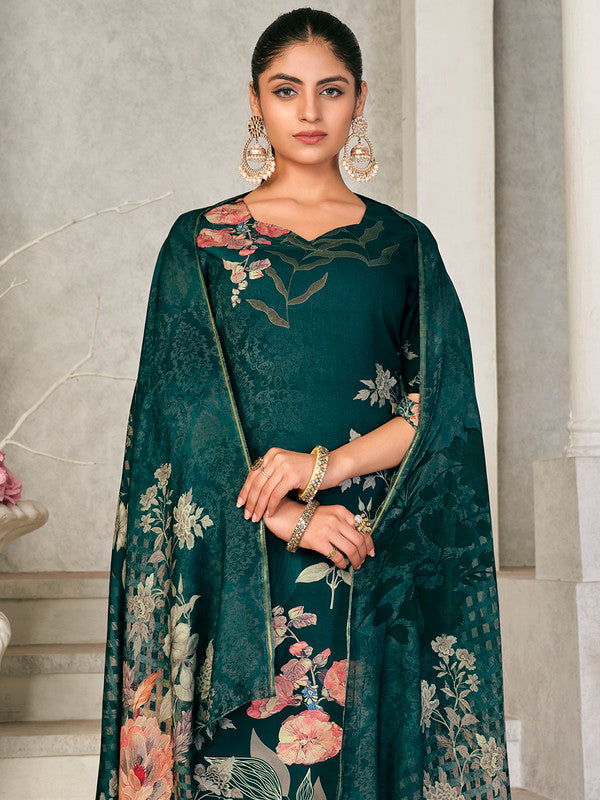 Jyoti Fashion Women's Green Pashmina Floral Digital Printed Kurta with Trouser & Dupatta