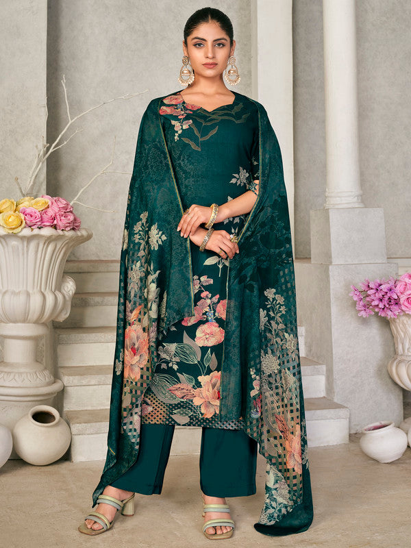 Jyoti Fashion Women's Green Pashmina Floral Digital Printed Kurta with Trouser & Dupatta