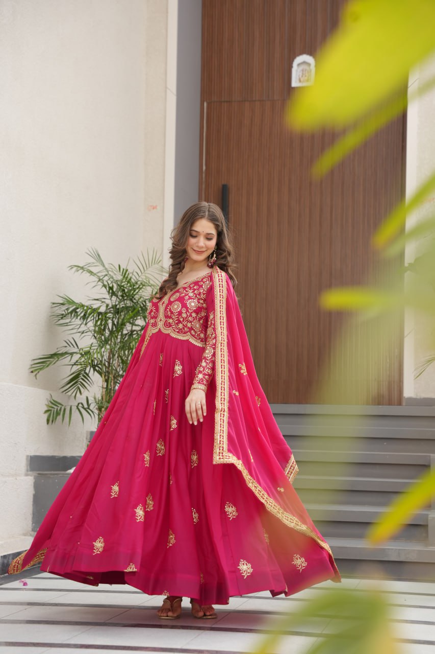 Jyoti Fashion Women's Pink Star Georgette Sequins & Zari Embroidered Anarkali Set With Dupatta