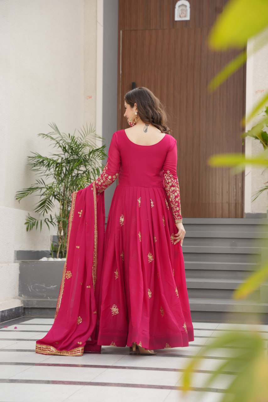 Jyoti Fashion Women's Pink Star Georgette Sequins & Zari Embroidered Anarkali Set With Dupatta