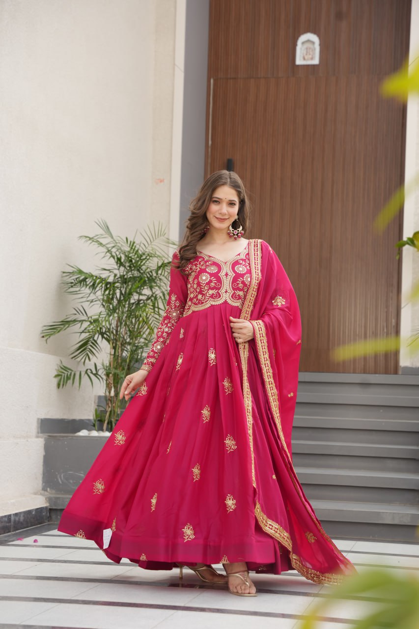 Jyoti Fashion Women's Pink Star Georgette Sequins & Zari Embroidered Anarkali Set With Dupatta