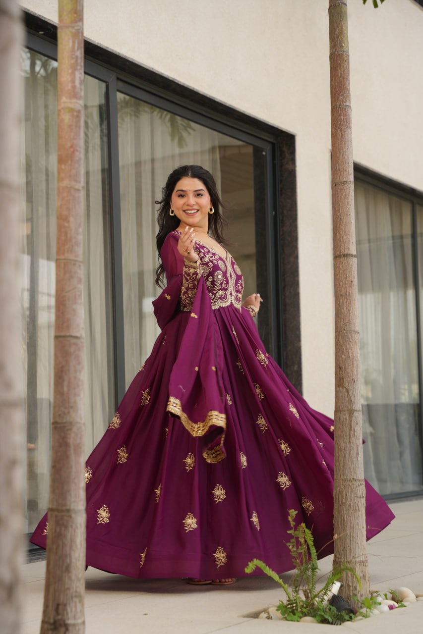 Jyoti Fashion Women's Wine Star Georgette Sequins & Zari Embroidered Anarkali Set With Dupatta