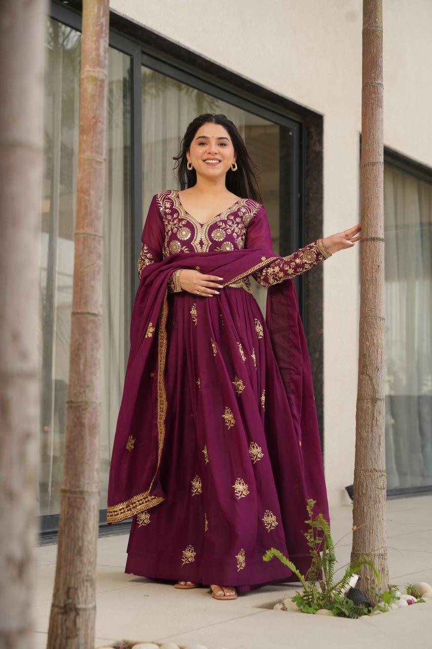 Jyoti Fashion Women's Wine Star Georgette Sequins & Zari Embroidered Anarkali Set With Dupatta