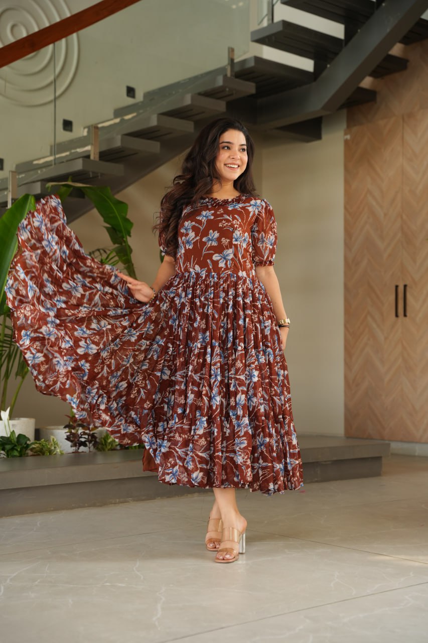 Jyoti Fashion Women's Brown Faux Georgette Printed Long Designer Anarkali Set