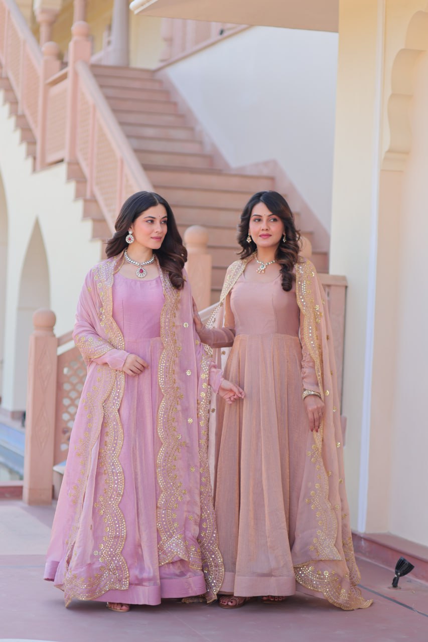Jyoti Fashion Women's Lavender & Peach Fendi Chiffon Anarkali Combo Set With Dupatta