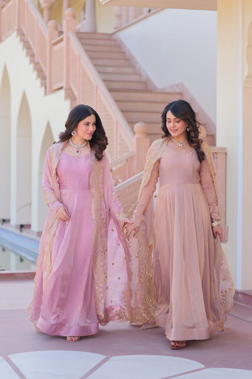 Jyoti Fashion Women's Lavender & Peach Fendi Chiffon Anarkali Combo Set With Dupatta