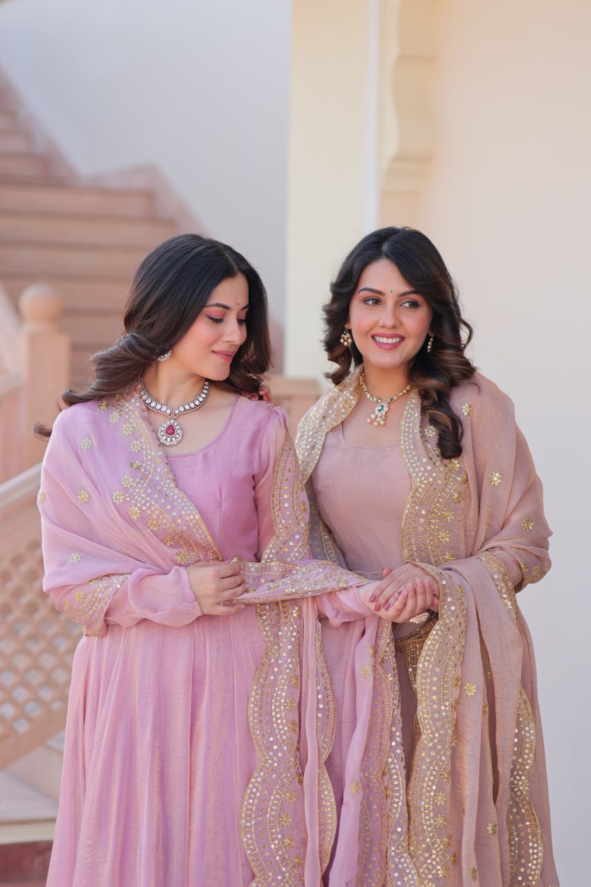 Jyoti Fashion Women's Lavender & Peach Fendi Chiffon Anarkali Combo Set With Dupatta