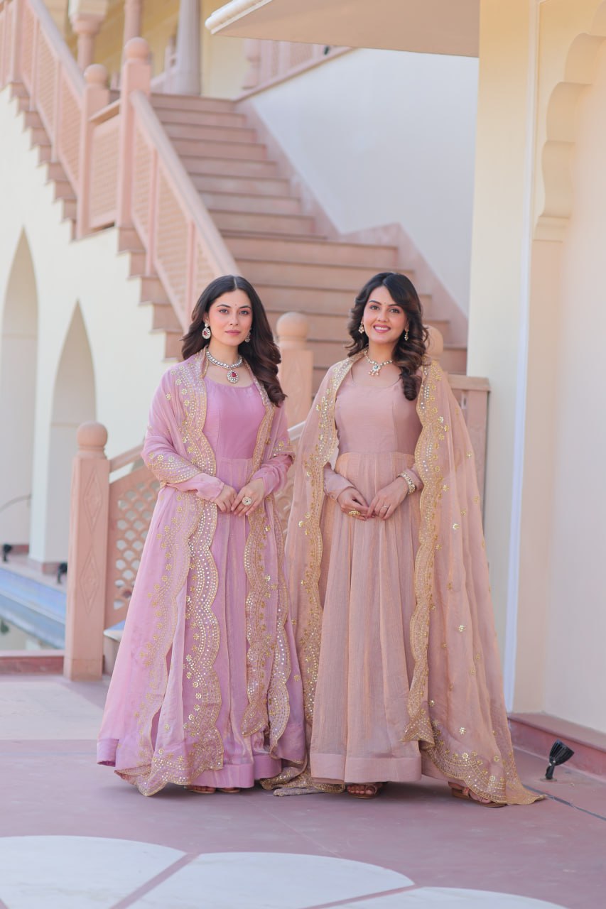 Jyoti Fashion Women's Lavender & Peach Fendi Chiffon Anarkali Combo Set With Dupatta