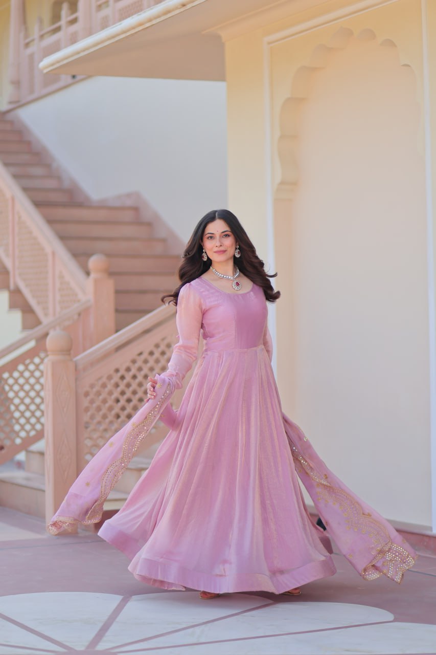 Jyoti Fashion Women's Lavender Fendi Chiffon Designer Anarkali Set With Dupatta