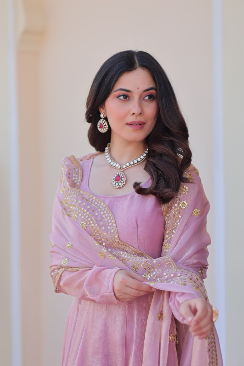 Jyoti Fashion Women's Lavender Fendi Chiffon Designer Anarkali Set With Dupatta