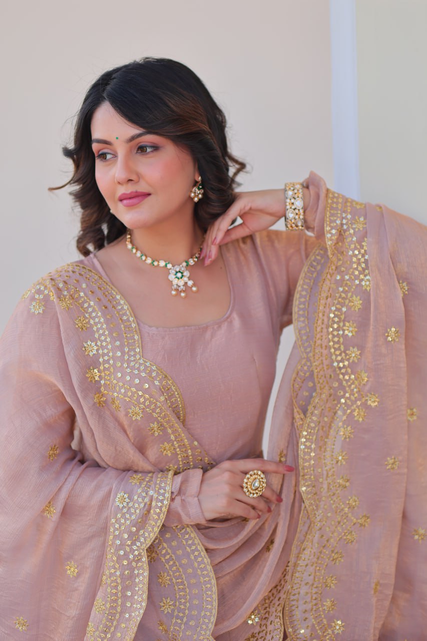 Jyoti Fashion Women's Peach Fendi Chiffon Designer Anarkali Set With Dupatta