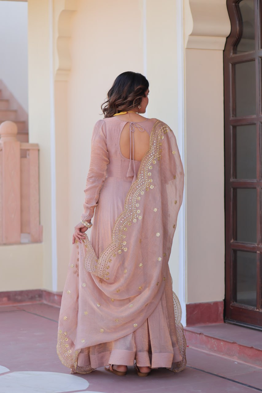 Jyoti Fashion Women's Peach Fendi Chiffon Designer Anarkali Set With Dupatta