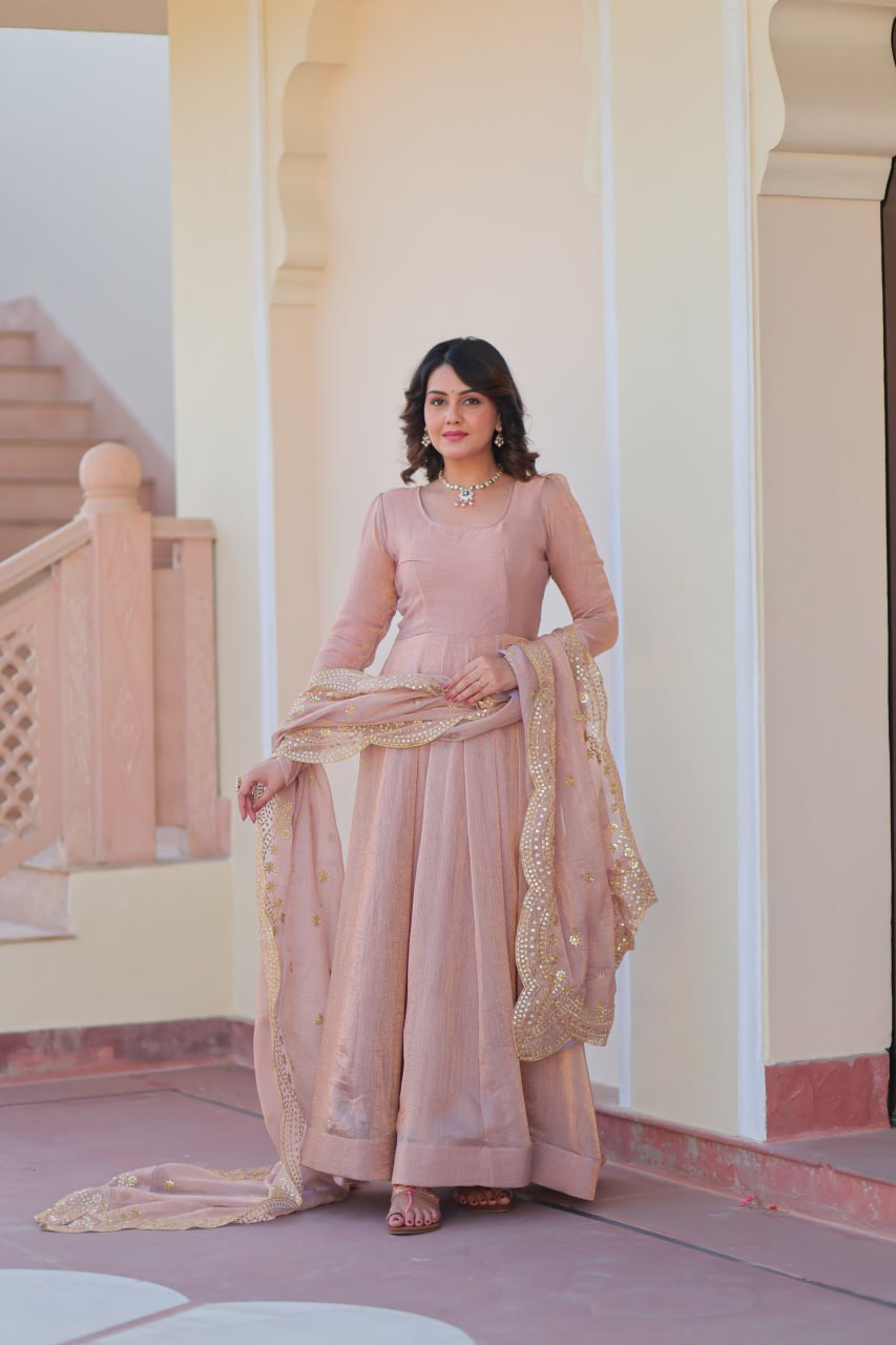 Jyoti Fashion Women's Peach Fendi Chiffon Designer Anarkali Set With Dupatta