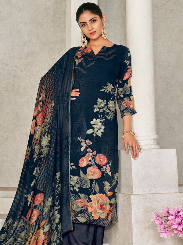 Jyoti Fashion Women's Navy Blue Pashmina Floral Digital Printed Kurta with Trouser & Dupatta