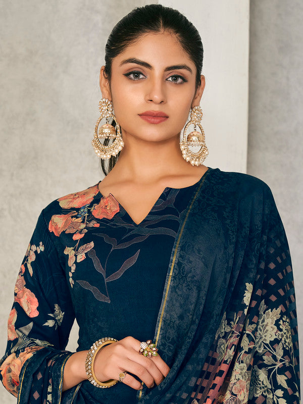 Jyoti Fashion Women's Navy Blue Pashmina Floral Digital Printed Kurta with Trouser & Dupatta