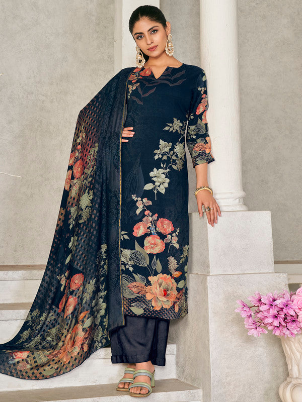 Jyoti Fashion Women's Navy Blue Pashmina Floral Digital Printed Kurta with Trouser & Dupatta