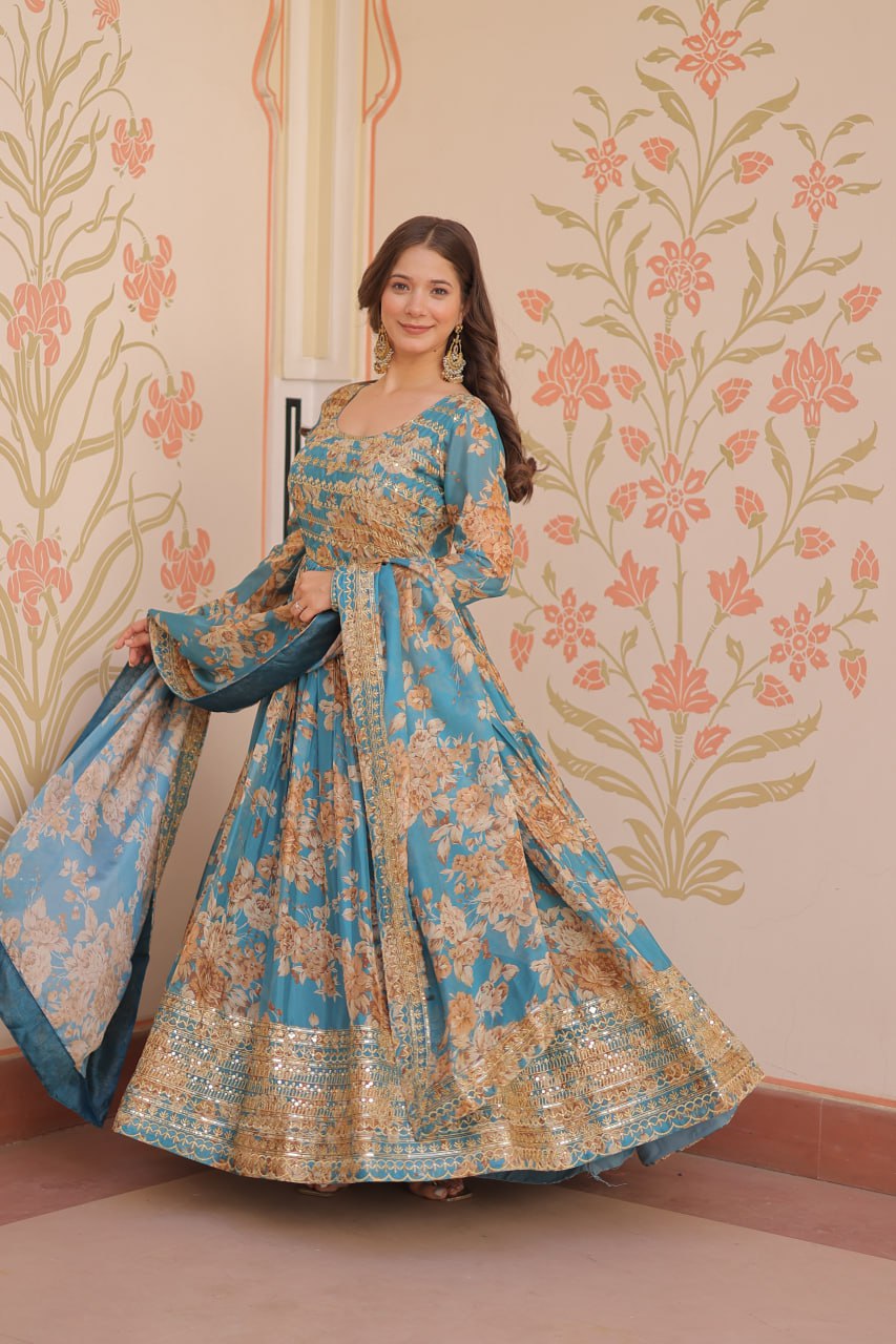 Jyoti Fashion Women's Sky Blue Russian Silk Digital Print with Sequins Embroidered Anarkali Set With Dupatta