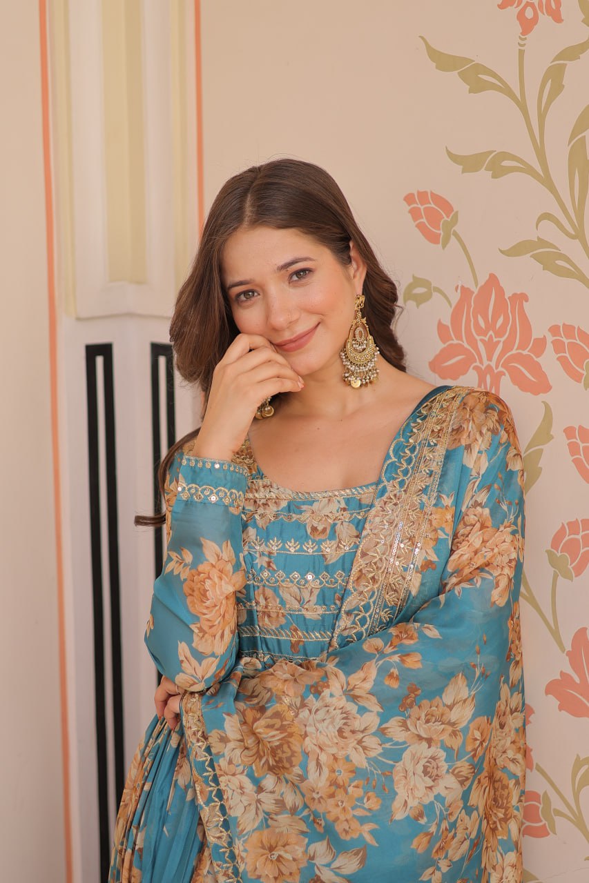 Jyoti Fashion Women's Sky Blue Russian Silk Digital Print with Sequins Embroidered Anarkali Set With Dupatta