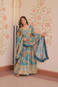 Jyoti Fashion Women's Sky Blue Russian Silk Digital Print with Sequins Embroidered Anarkali Set With Dupatta