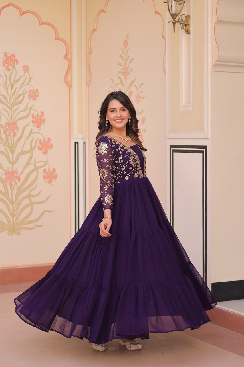 Jyoti Fashion Women's Purple Faux Blooming Sequins & Zari Embroidered Long Designer Anarkali Set