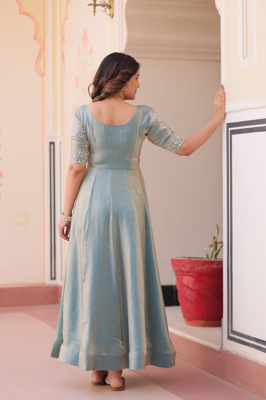 Jyoti Fashion Women's Sky Blue Fendi Embroidered Long Designer Anarkali Set