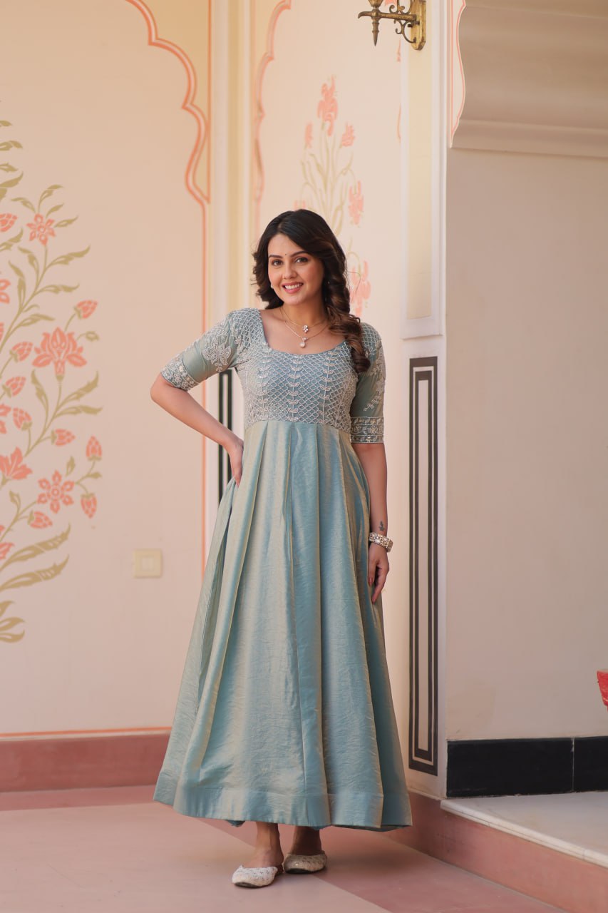 Jyoti Fashion Women's Sky Blue Fendi Embroidered Long Designer Anarkali Set