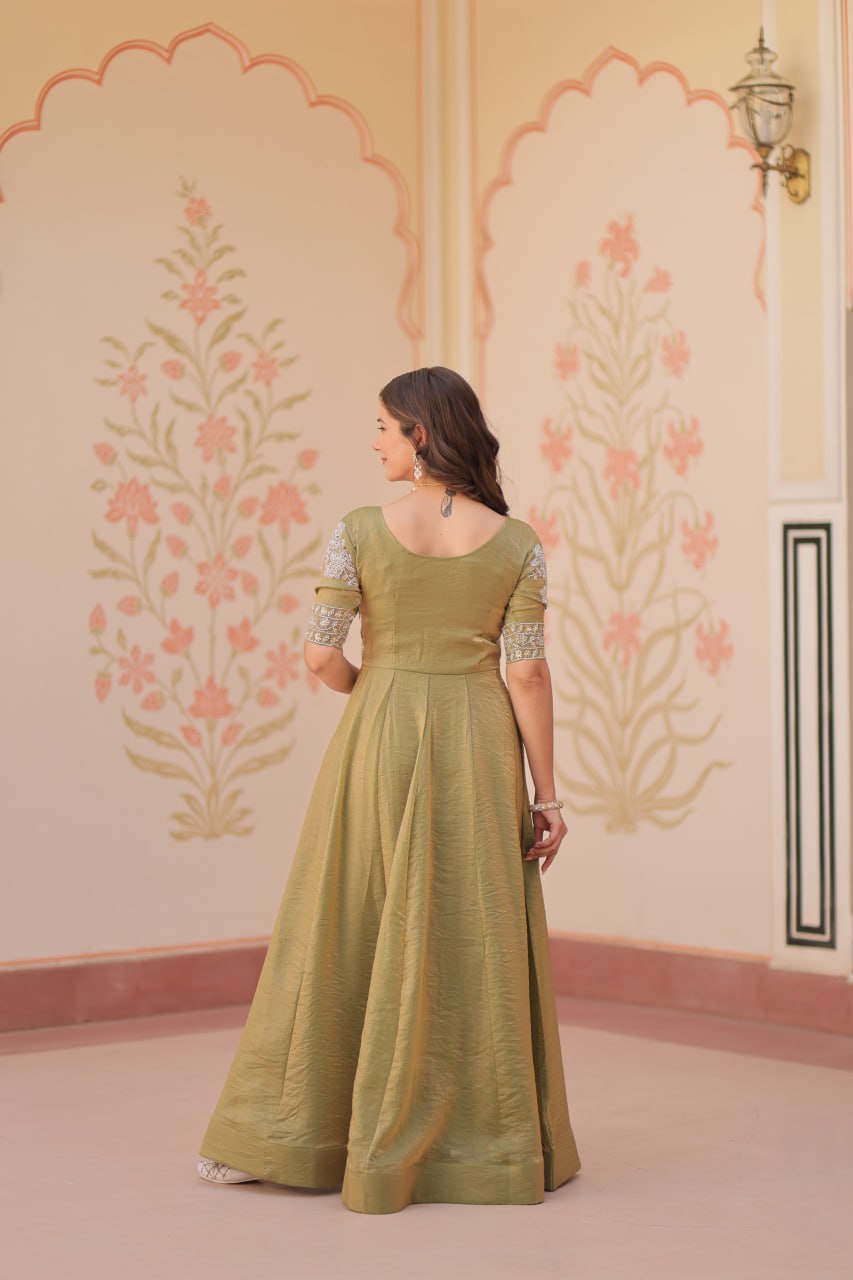 Jyoti Fashion Women's Mehendi Fendi Embroidered Long Designer Anarkali Set