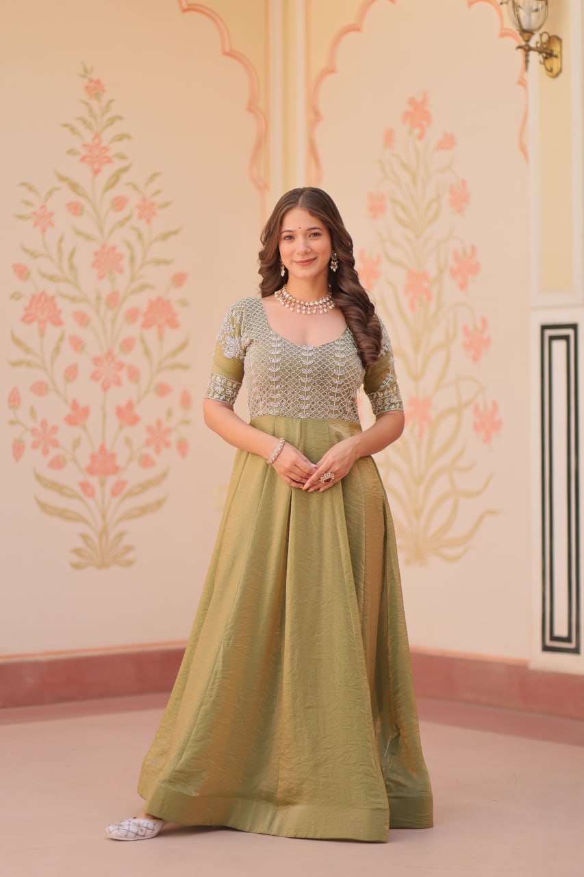 Jyoti Fashion Women's Mehendi Fendi Embroidered Long Designer Anarkali Set