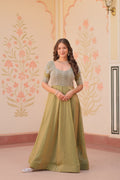 Jyoti Fashion Women's Mehendi Fendi Embroidered Long Designer Anarkali Set
