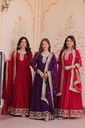 Jyoti Fashion Women's Maroon, Purple & Rani Faux Blooming Sequins & Zari Embroidered Combo Anarkali Set With Dupatta