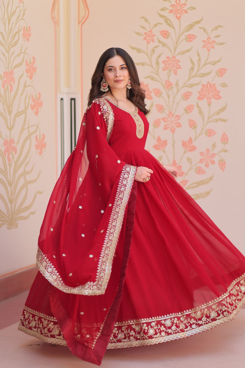 Jyoti Fashion Women's Maroon Faux Blooming Sequins & Zari Embroidered Anarkali Set With Dupatta