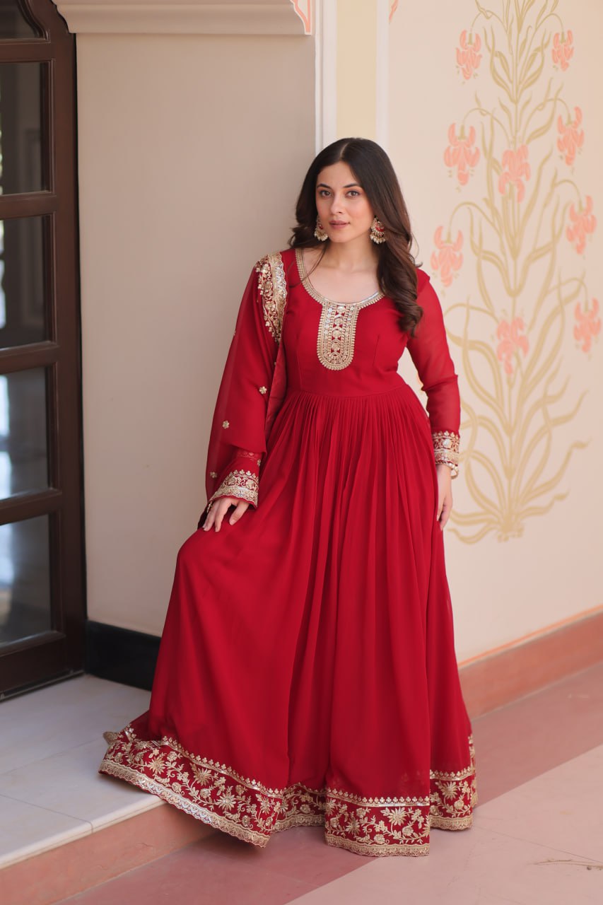 Jyoti Fashion Women's Maroon Faux Blooming Sequins & Zari Embroidered Anarkali Set With Dupatta