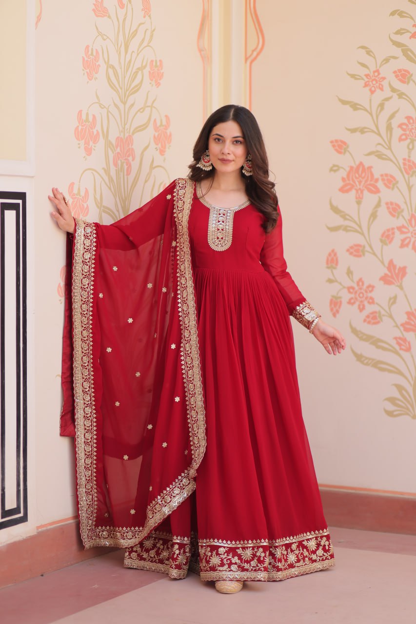 Jyoti Fashion Women's Maroon Faux Blooming Sequins & Zari Embroidered Anarkali Set With Dupatta