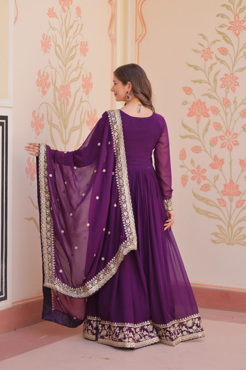 Jyoti Fashion Women's Purple Faux Blooming Sequins & Zari Embroidered Anarkali Set With Dupatta