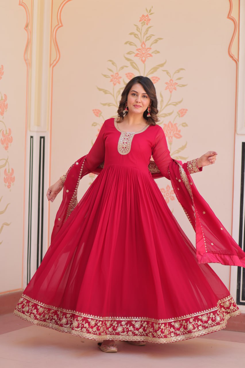 Jyoti Fashion Women's Rani Pink Faux Blooming Sequins & Zari Embroidered Anarkali Set With Dupatta