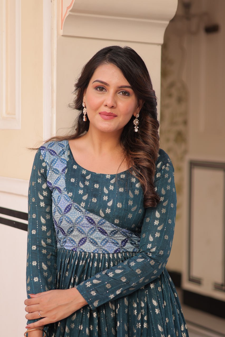 Jyoti Fashion Women's Teal Jacquard Weaving Long Designer Anarkali Set